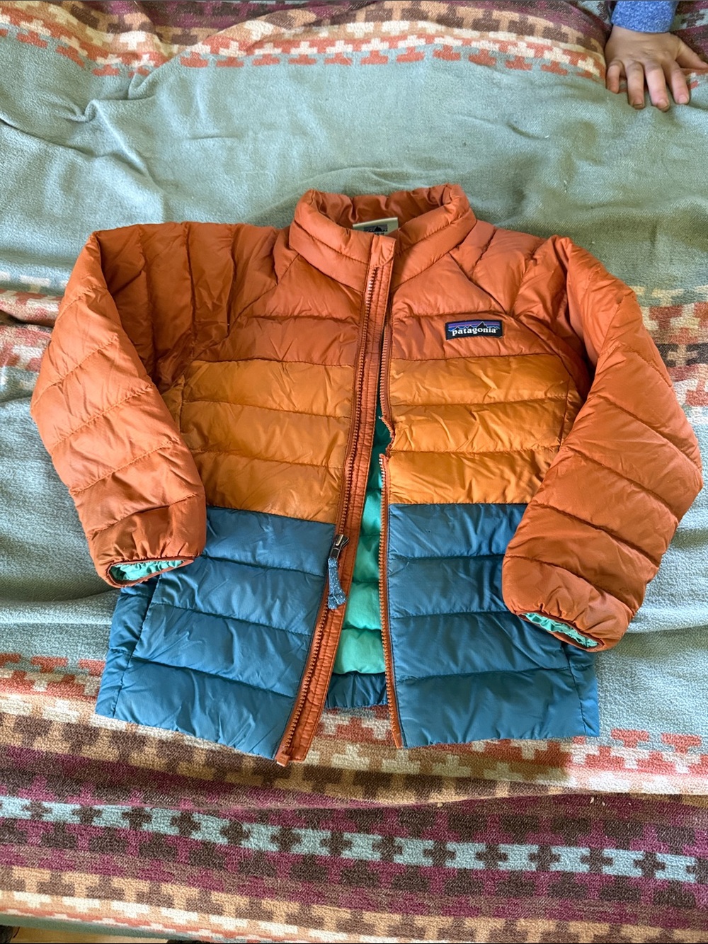Patagonia Kids Colorblock Puffer Jacket in Orange & Teal Blue